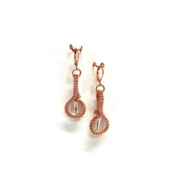 HANDMADE Clear Quartz Hand Wrapped Bare Copper Statement Dangle Earrings - Picture 4 of 10